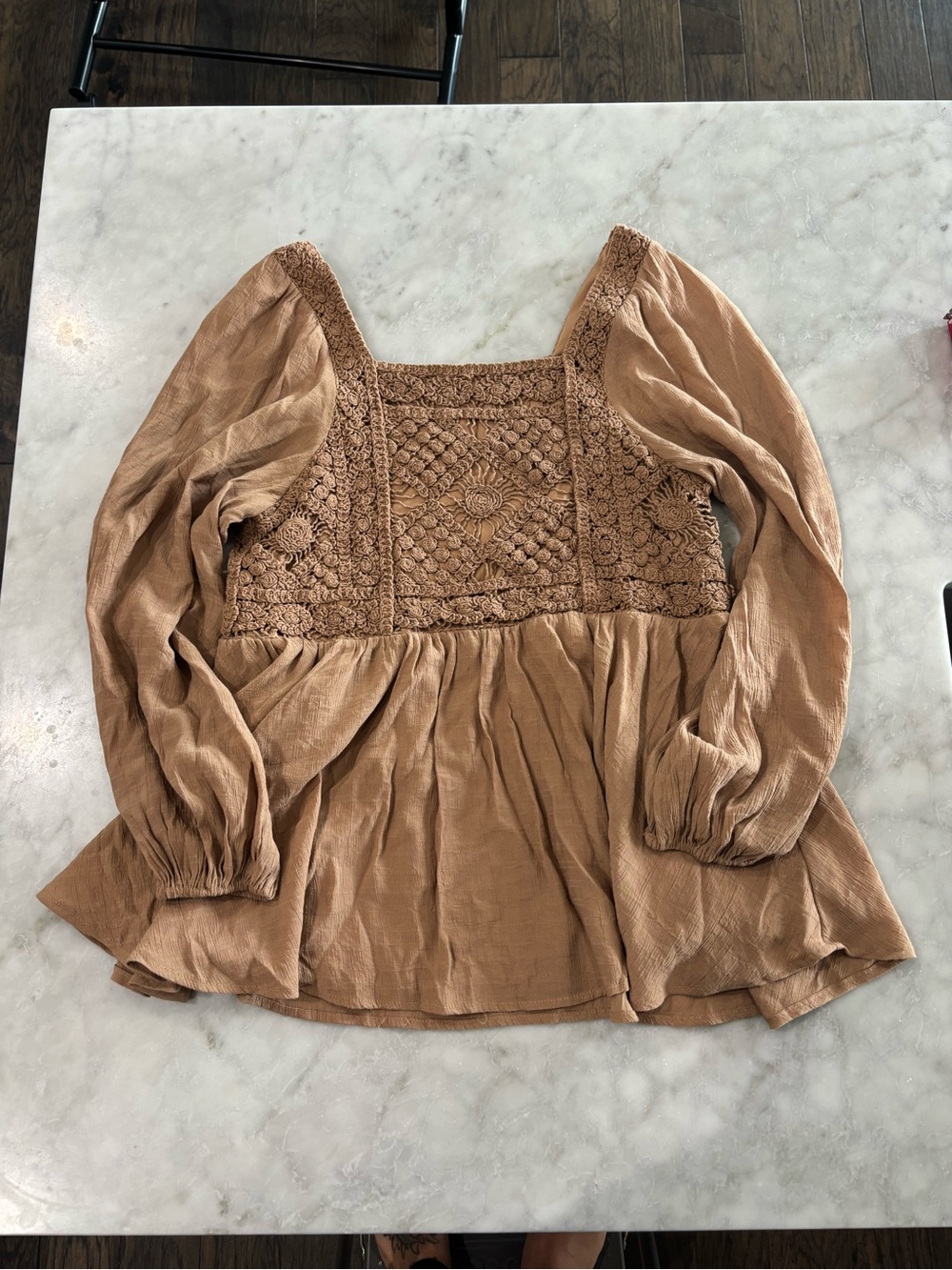 ⚡️Altar'd State Crochet Yoke Peasant Blouse — tan